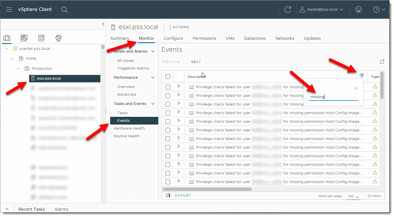 esxi host events backup missing privilege esxi host events backup missing privilege