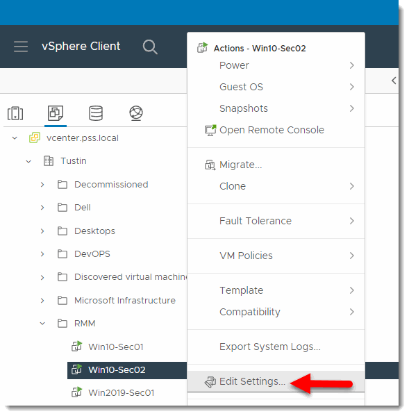 Edit Settings for VM edit settings vmware vm